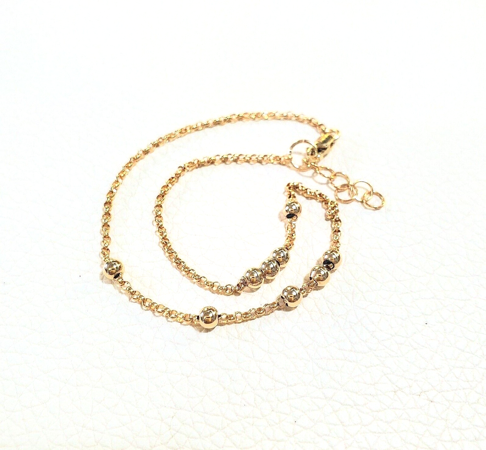 3mm Floating Bead Anklet in 14k Solid Yellow or Rose Gold with Satellite Chain  