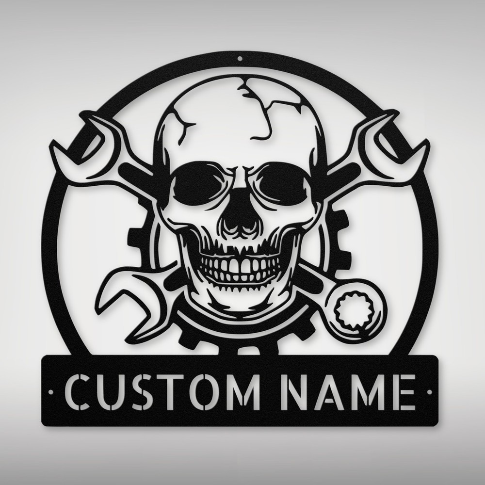 Personalized Skull Mechanic Metal Sign Custom Gift for Home Office Decor Durable