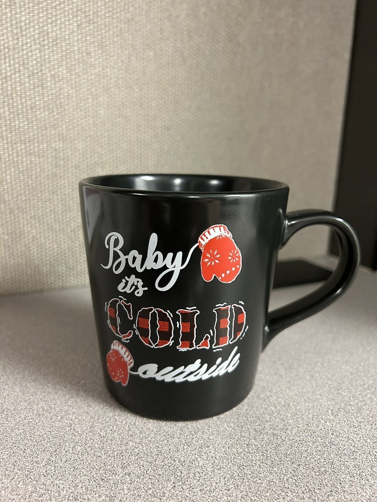 Pier 1 Coffee Mug Christmas Holiday Baby It's Cold Outside Tea Cup Plaid Mittens