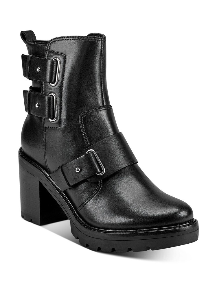 MARC FISHER Womens Black Prong Dream Stacked Heel Leather Heeled Boots 8.5 M