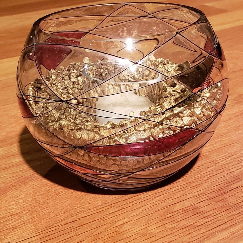 Tea Light Stained Glass Candle Holder with Gold Stones