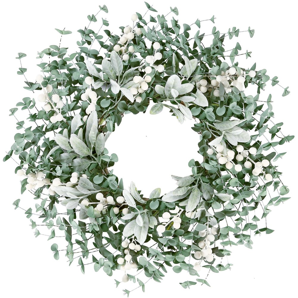 Artificial Greenery Leaves Boxwood Wreath with White Berries - 22 Inch Flocke...