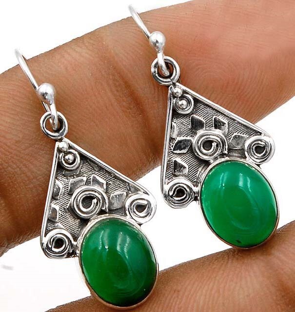 Natural Green Onyx 925 Solid Sterling Silver Earrings @B8-8
