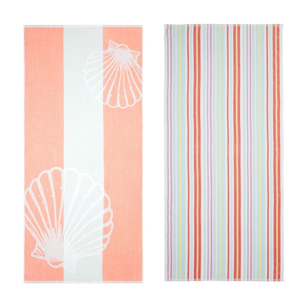 Pink Scallop Stripe Cotton Beach Towels Set of 2