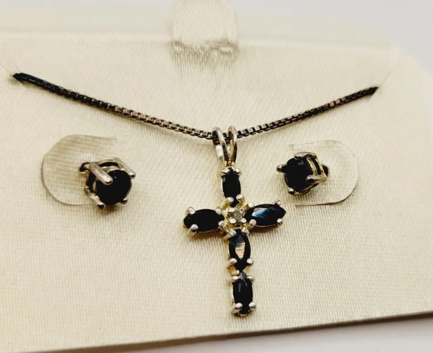 Cross Necklace & Pierced Earring Set Blue Sterling Silver 925