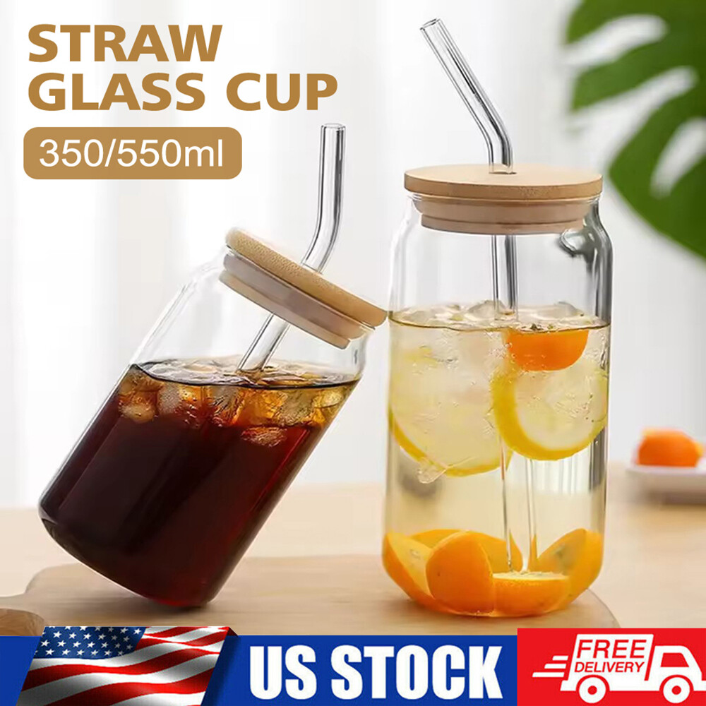 Reusable US Glass Bubble Tea Cups with Bamboo Lids & Straws 350ml or 550ml Travel Friendly  