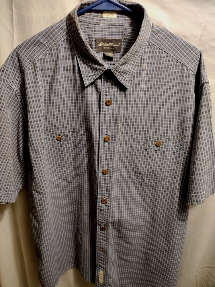 Eddie Bauer Men's XL Blue Cool Dry Short Sleeve Button-Up Shirt with Mini Check Pocket