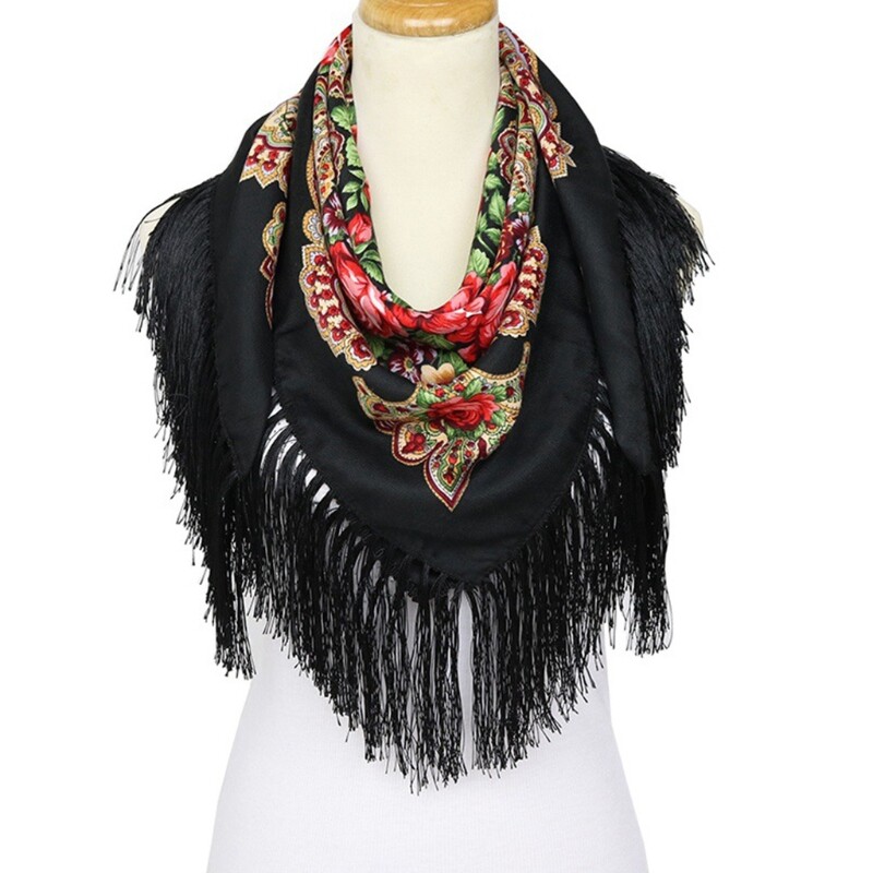 Elegant Floral Print Cotton Scarf with Fringe Tassels for Women