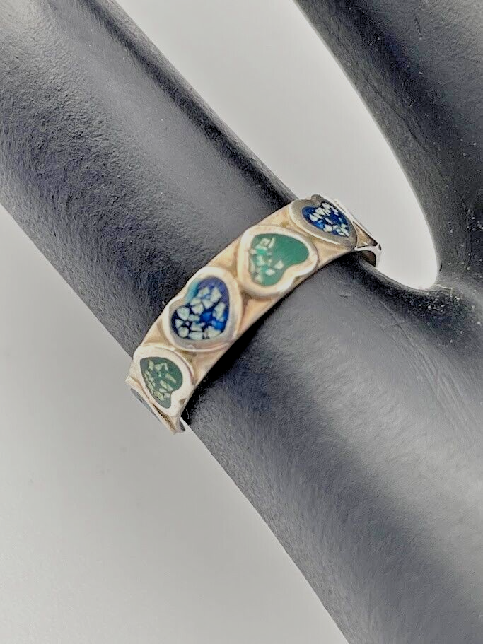 925 STERLING SILVER BLUE & GREEN ENAMEL HEARTS TOE RING SIZE 3 ADJUSTS 1904