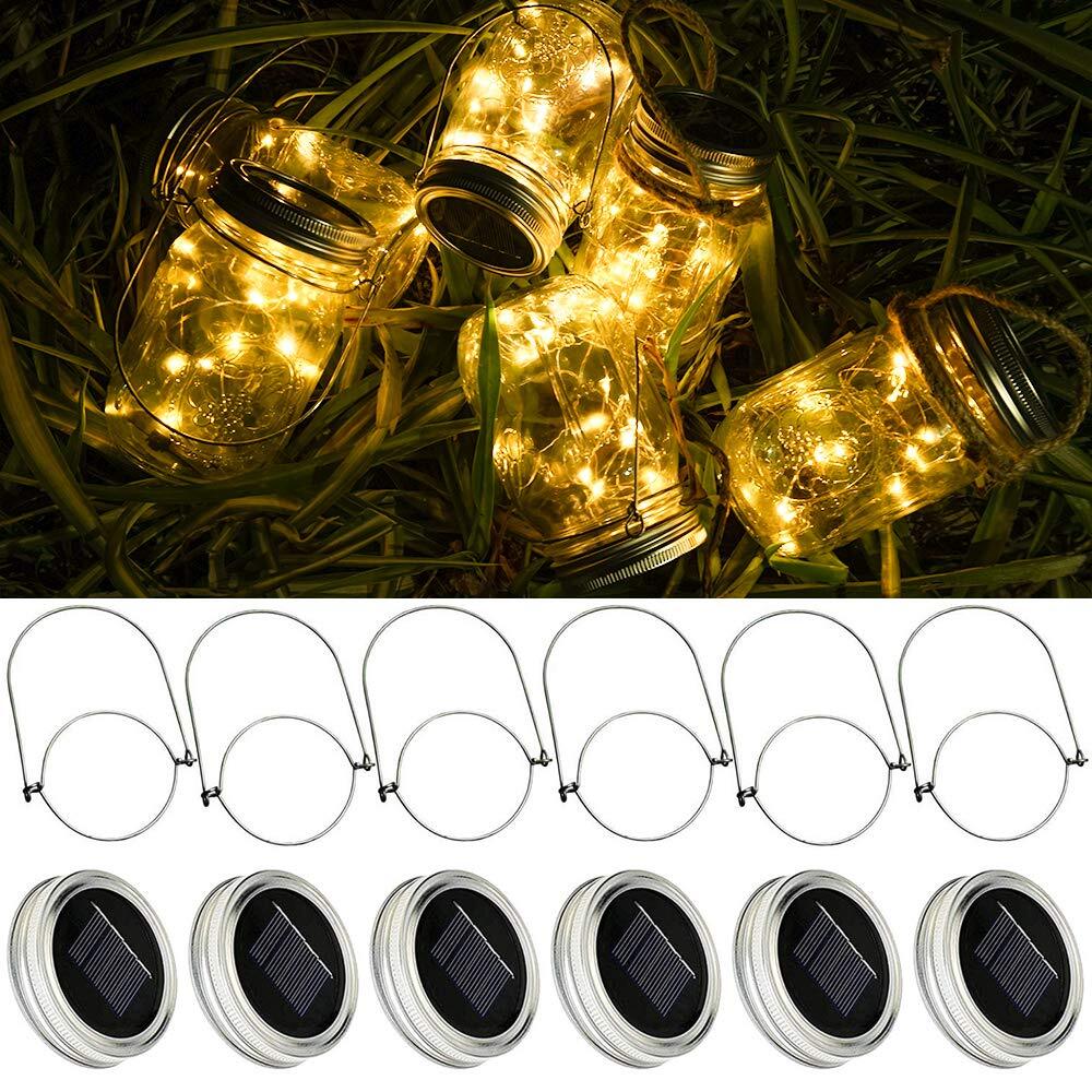 Solar Mason Jar Lid Lights [Updated], 6 Pack 15 LED Waterproof Fairy Firefly ...