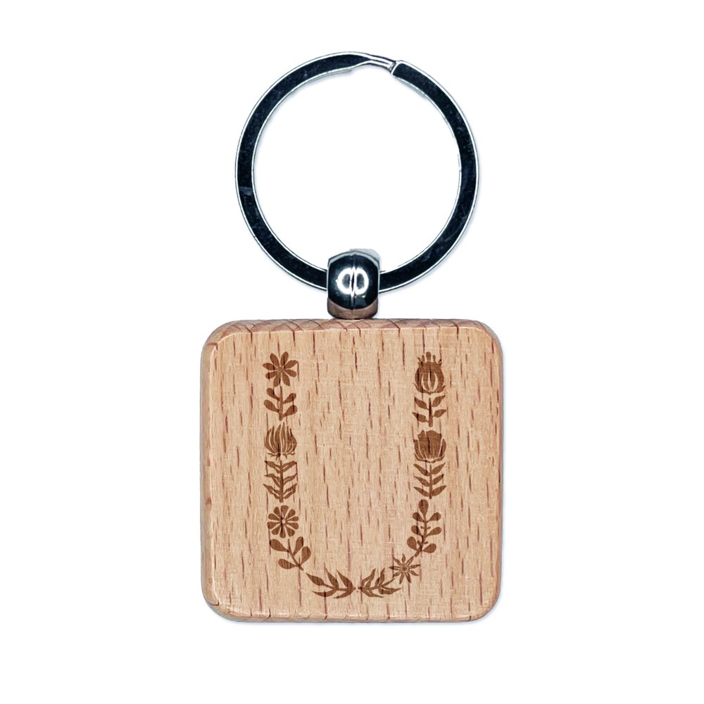 Elegant Botanical Floral Letter U Engraved Wood Square Keychain Tag Charm