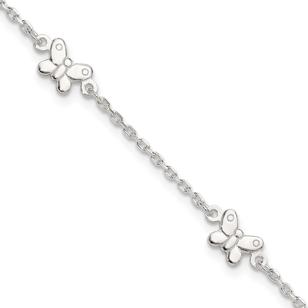 Sterling Silver Polished Butterfly Anklet 9 Inch with 1 Inch Extension 3.79 Grams