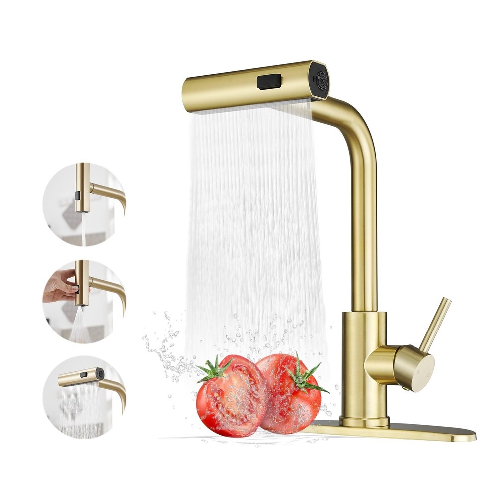 Gold Kitchen Faucet with Pull Down Sprayer and Waterfall Sink Feature