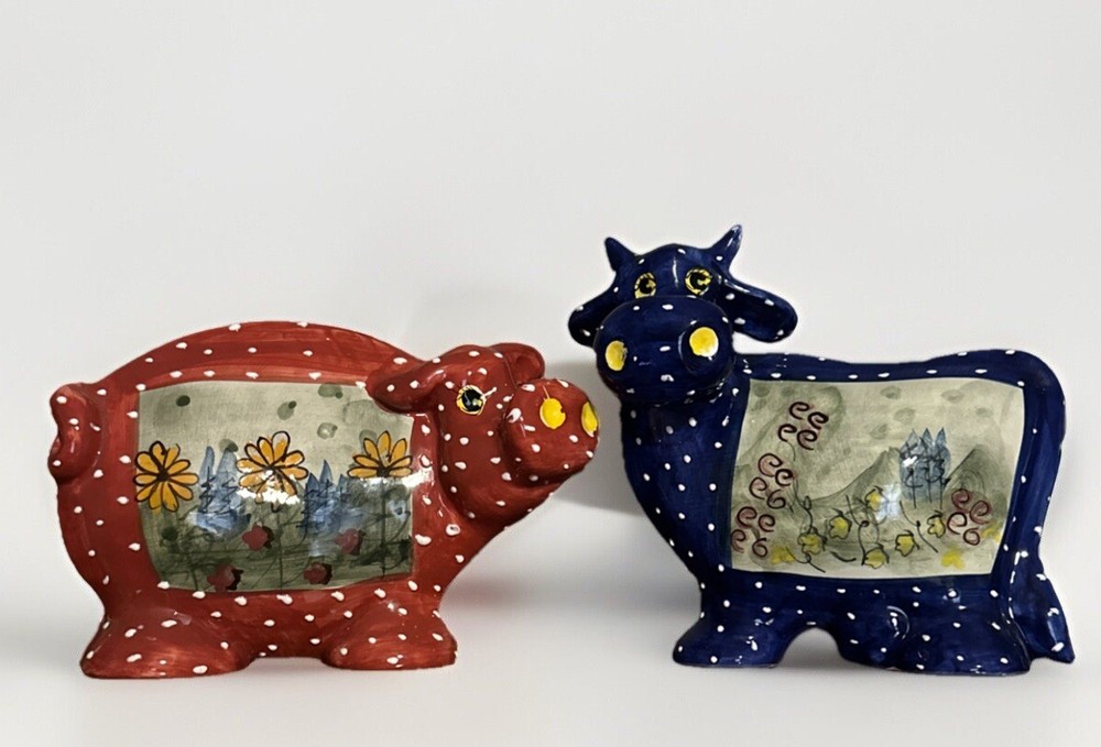 Two Vintage Ceramic Smiling Spotted Cow Shaped Coin Piggy Banks