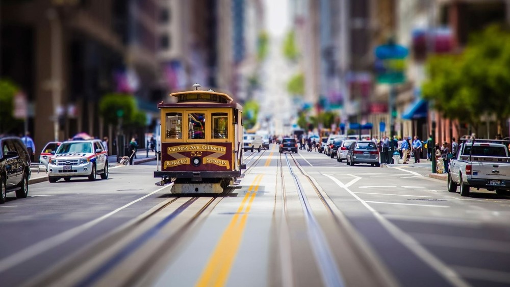 Anime cityscape san francisco tram usa vehicle car Play Gaming Mat Desk