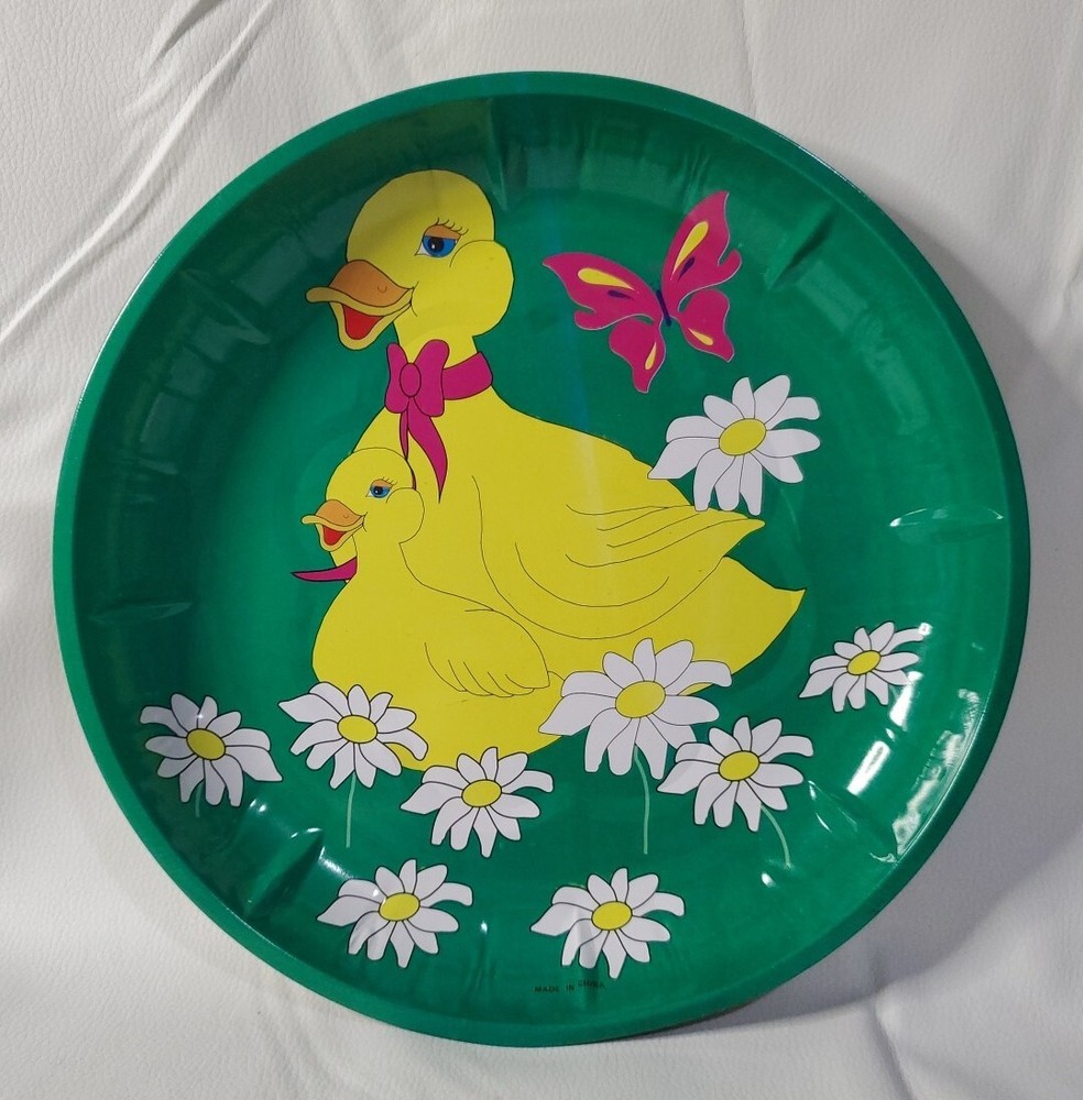 Vintage Enesco Easter Themed Ducks, Butterfly  & Flowers Metal Tray 10” EUC