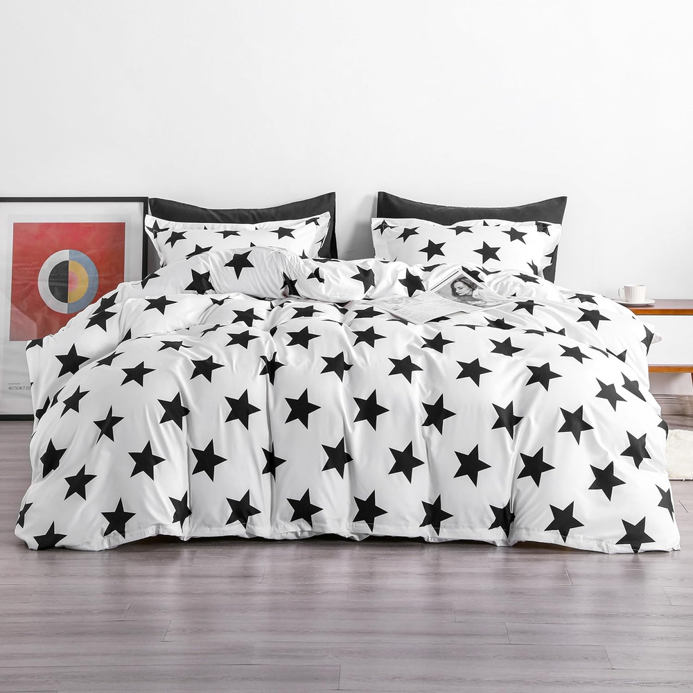 3 Pieces 100% Brushed Microfiber Star Printed Duvet Cover Set, Super Soft Black