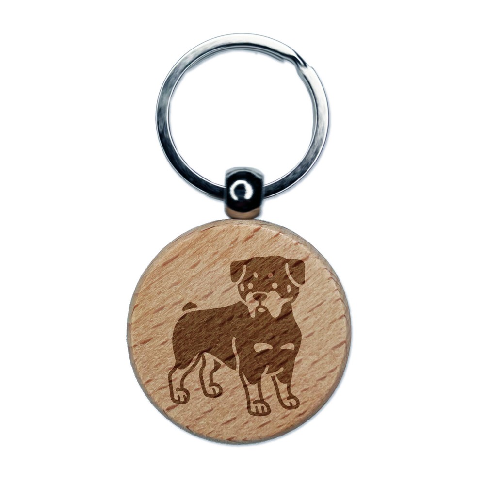 Rottweiler Rottie Standing Dog Engraved Wood Round Keychain Tag Charm