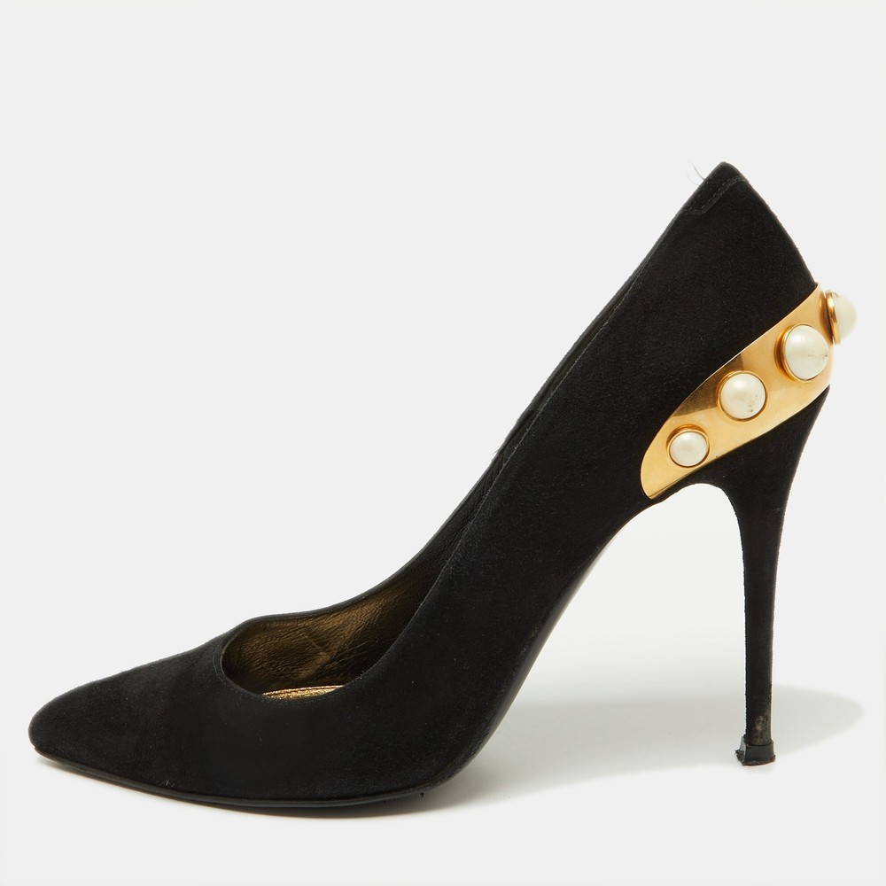 Alexander McQueen Black Suede Pumps with Gold Trim and Faux Pearls Size 39