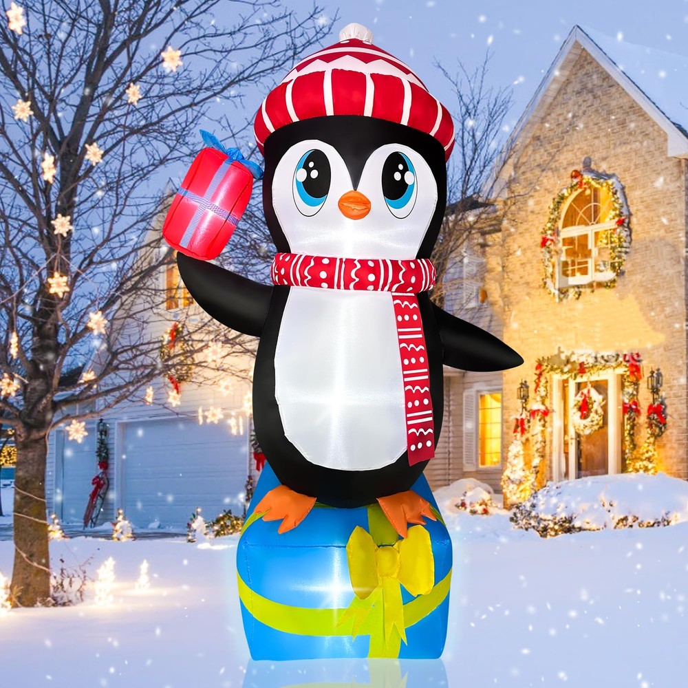 5.5 FT Christmas Inflatables Penguin with Gift Boxes Decoration, LED Lighted ...