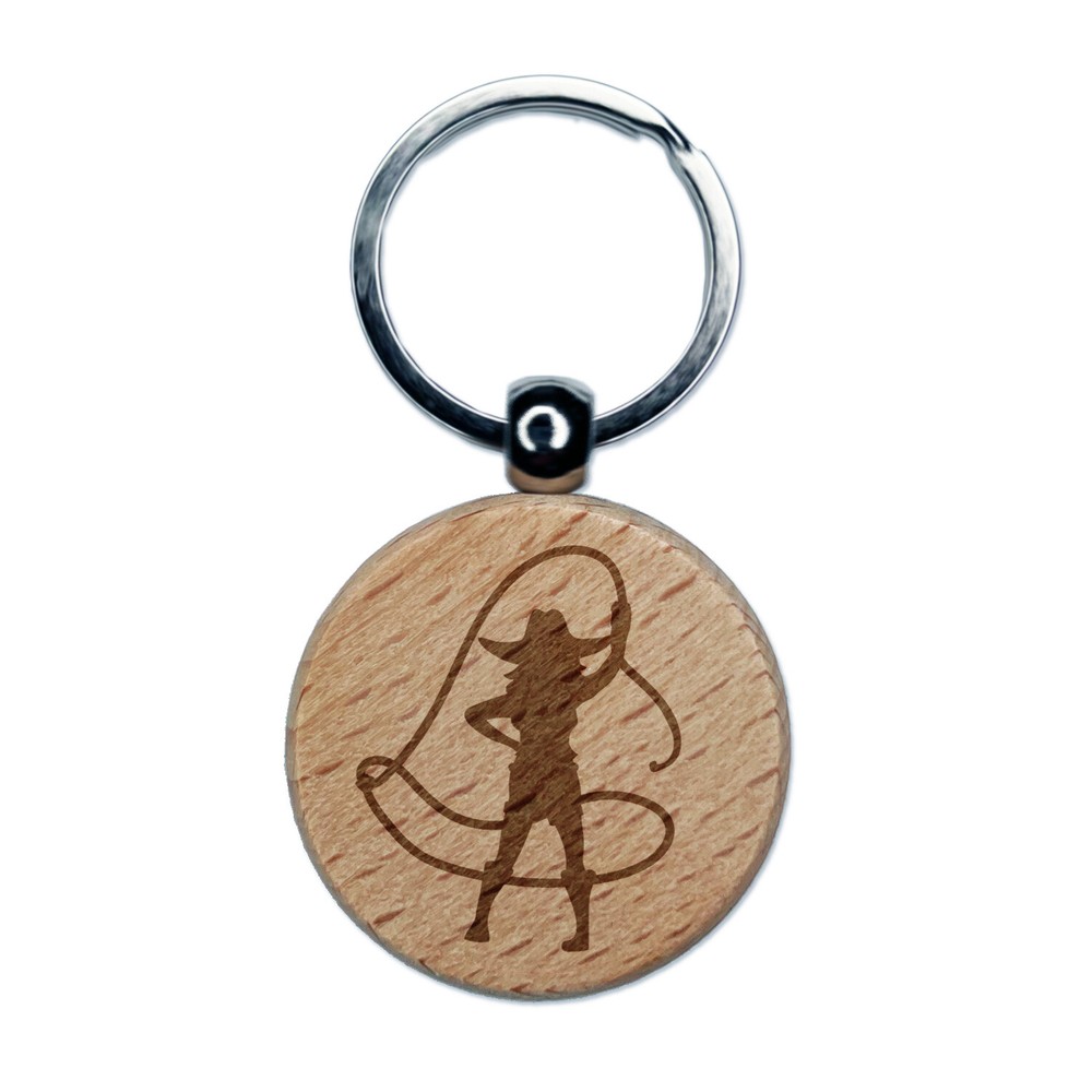 Cowgirl Rodeo Lasso Waving Engraved Wooden Round Keychain