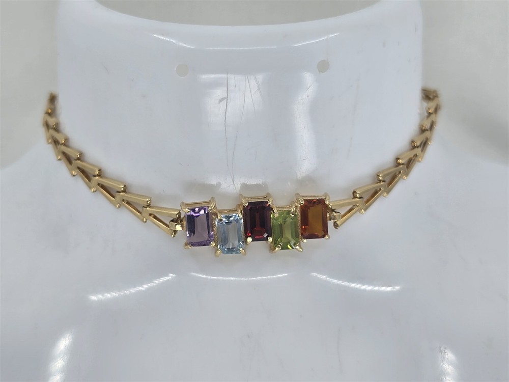 Vintage 14K Yellow Gold Multi-Gemstone Arrow Link Bracelet 7 Inches