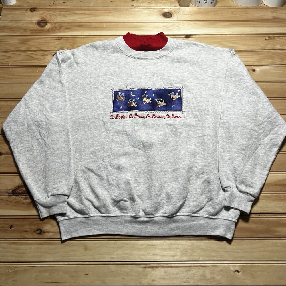 Pleasant Shade Reindeer Christmas Embroidered Holiday Sweatshirt Size XL