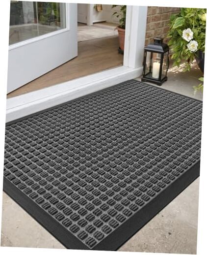 Door Mat Heavy Duty Outdoor Indoor Doormat, 3' x 2' (Rectangular) Squares Grey
