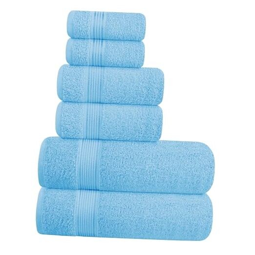 Ultra Soft 6-Pack Cotton Towel Set with 2 Bath Towels 28x55 in Sky Blue