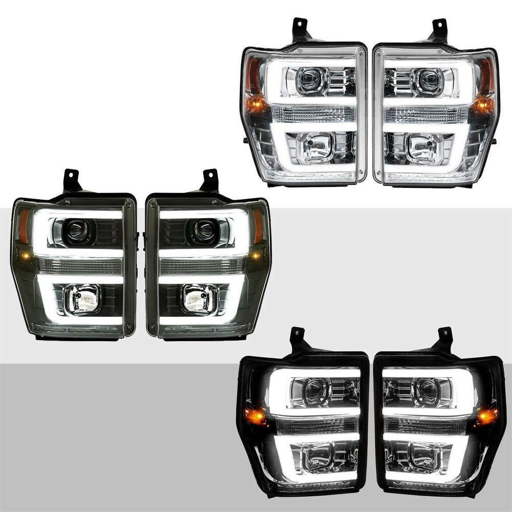 For Ford F250 F350 F450 F550 Super Duty 08-10 Headlights w/LED Bar Chrome Black
