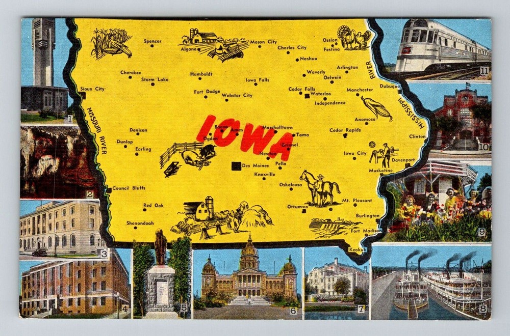 IA-Iowa, Landmarks And Map, Vintage Postcard
