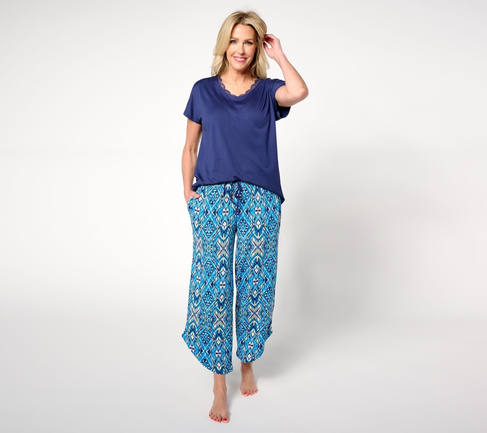 Carole Hochman Women's Sleepwear Sz L Lace Trim Tee with Ruffle Waist Blue