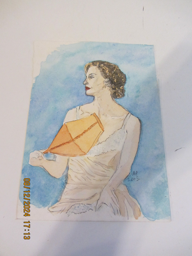COMTEMPORARY PEN AND WATERCOLOR PAINTING PORTRAIT WOMAN W/FAN 6