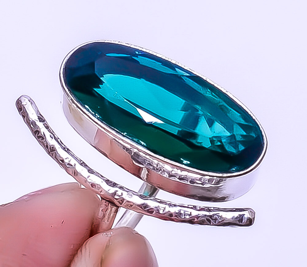 Emerald Quartz Designer (Simulated) Gemstone 925 Silver Ring Adjustable R65 A30