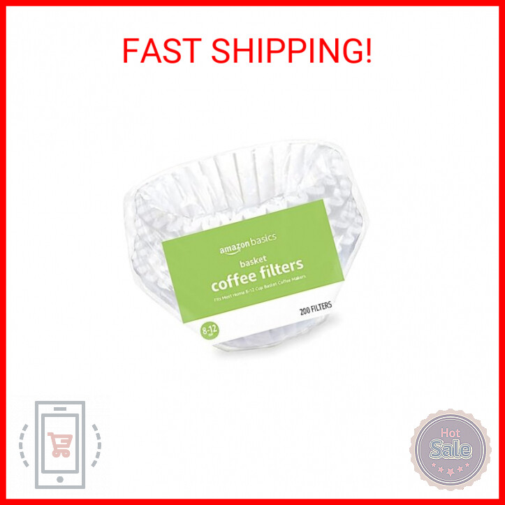 Amazon Basics Basket Coffee Filters for 8-12 Cup Coffee Makers, White, 200 Count
