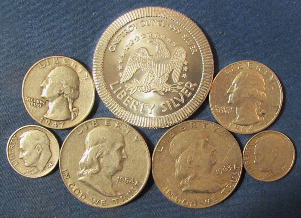 LOT 6 US SILVER COINS & 1 OZ .999 SILVER EAGLE & LIBERTY BELL ROUND 2 HALF $ ETC