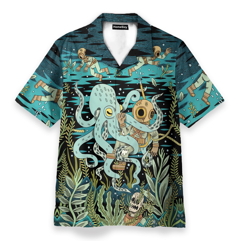 Diver Fighting With Octopus Dark Ocean Pattern   Hawaiian Shirt