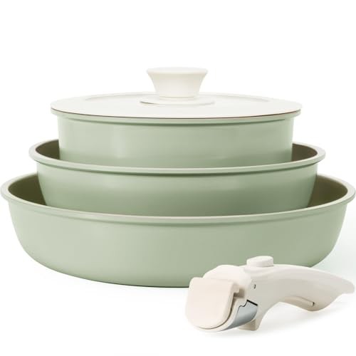 5-Piece Green Ceramic Nonstick Cookware Set with Detachable Handles