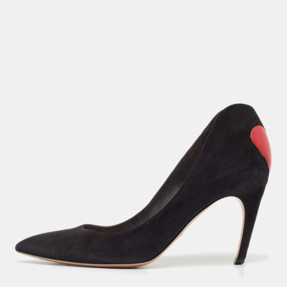 Dior Black Red Suede Leather Heart Pointed Toe Pumps Size 39.5