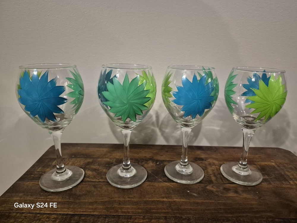 Set Of 4 Hand Painted Wine Glaases Blue & Green Floral 9
