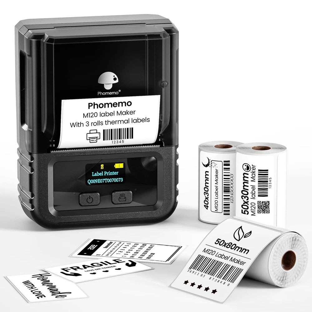 Phomemo M120 Portable Bluetooth Thermal Label Maker with Barcode Printer in Black