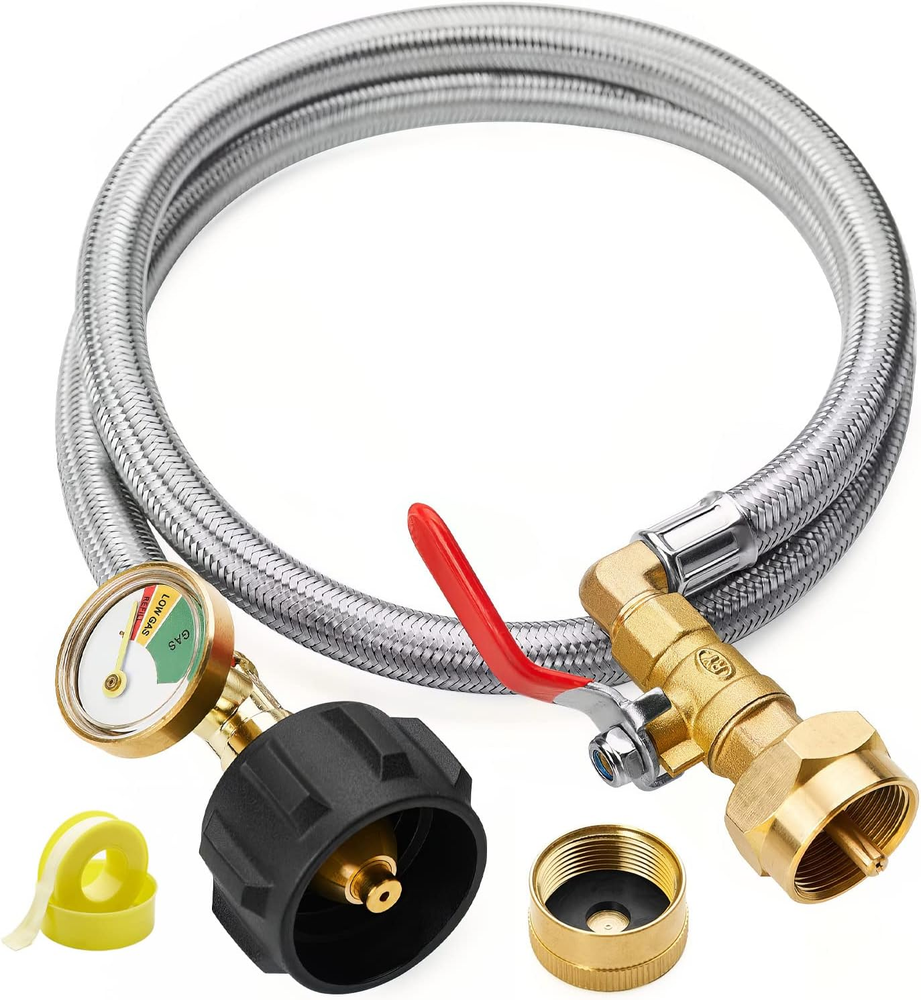 3 Feet Propane Refill Adapter Hose with Gauge and On/Off Control Valve, Stainles