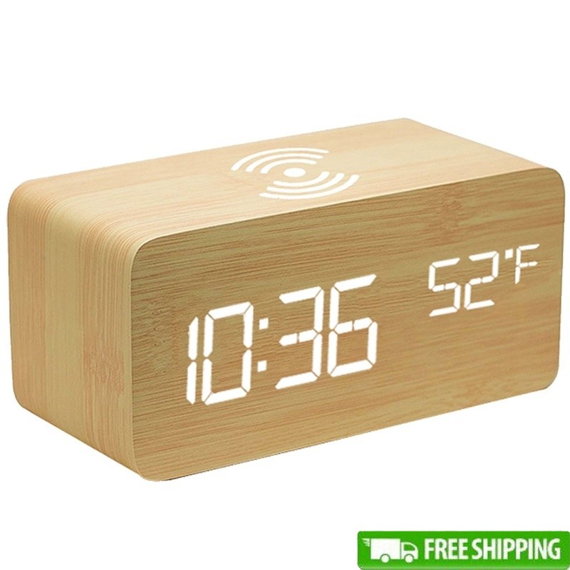 Wireless Charging Wooden Digital Alarm Clock with Voice Control and 3 Alarms US Display