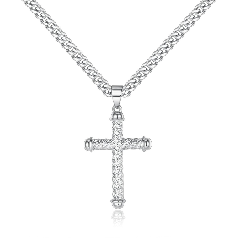 Silver Cross Necklace for Men, Stainless Steel Silver Cross Chain Pendant Nec...