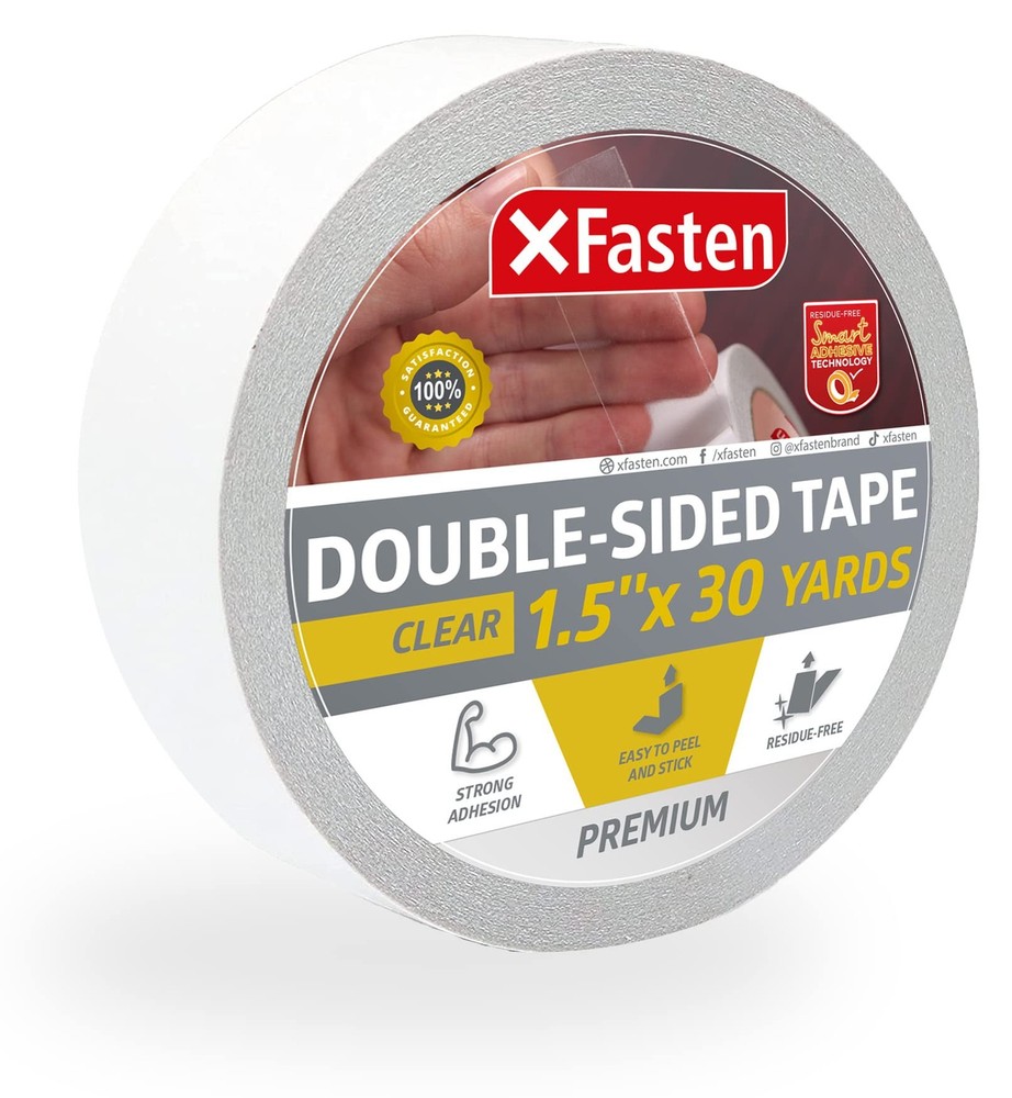 XFasten Double Sided Tape Clear, Removable, 1.5-Inch by 30-Yards, Single Roll...