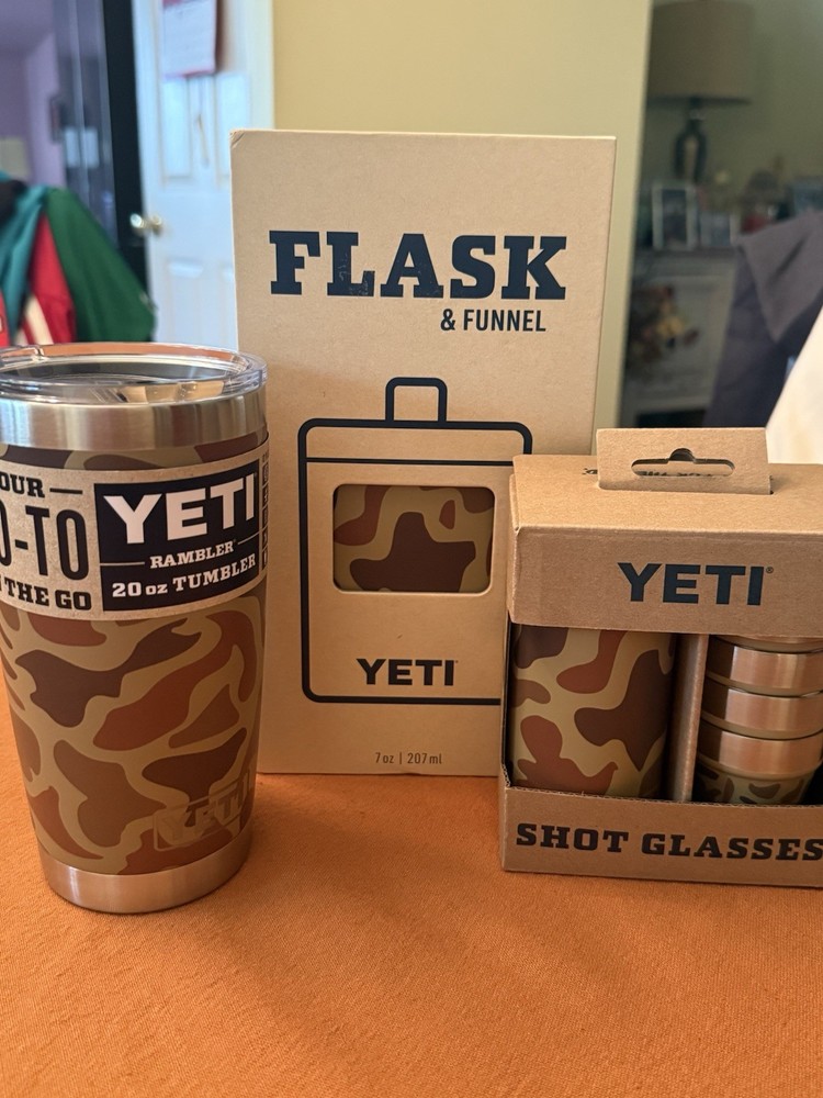 YETI WETLANDS CAMO BUNDLE #1/FLASK & FUNNEL-20 oz TUMBLER-SHOT GLASSES/NEW!!