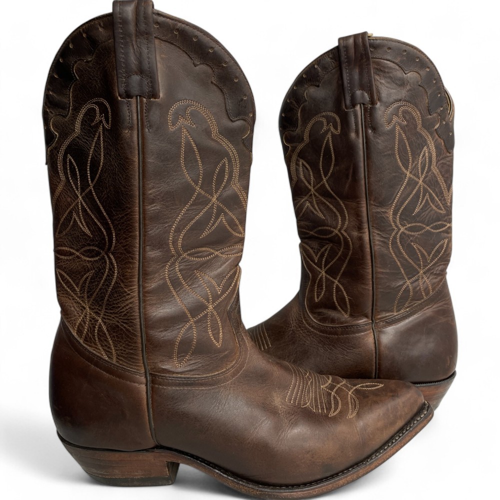 Boulet Leather Western Boots Brown Cowboy Embroidered Men's 9.5 EE Wide