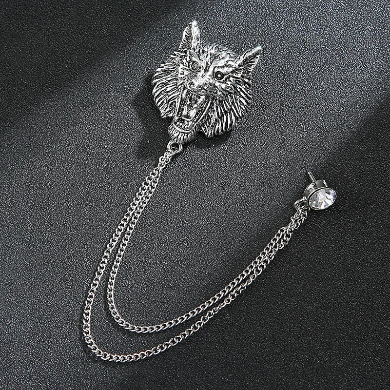 Men's Vintage Suit Brooch Lion Leopard Animal Brooch Chain Lapel Pin Accessories