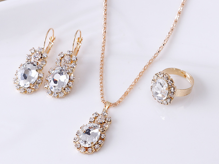 Cross-Border Fine Oval Gem Claw Chain Set Crystal Necklace Earrings Ring 3Piece-image