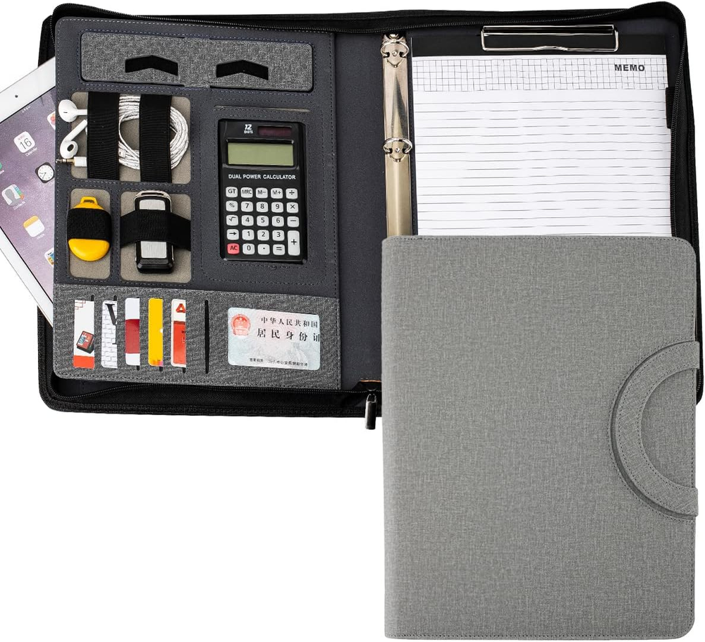 Zippered Padfolio Folder, A4 Multi-Function Portfolio Leather Combination Case,W